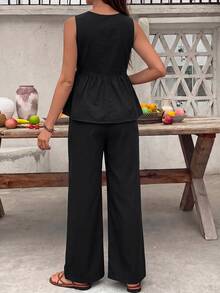 SHEIN Maternity Waist Tie Sleeveless Top And Long Pants Casual Denim 2 Pieces Set - Black - View 2