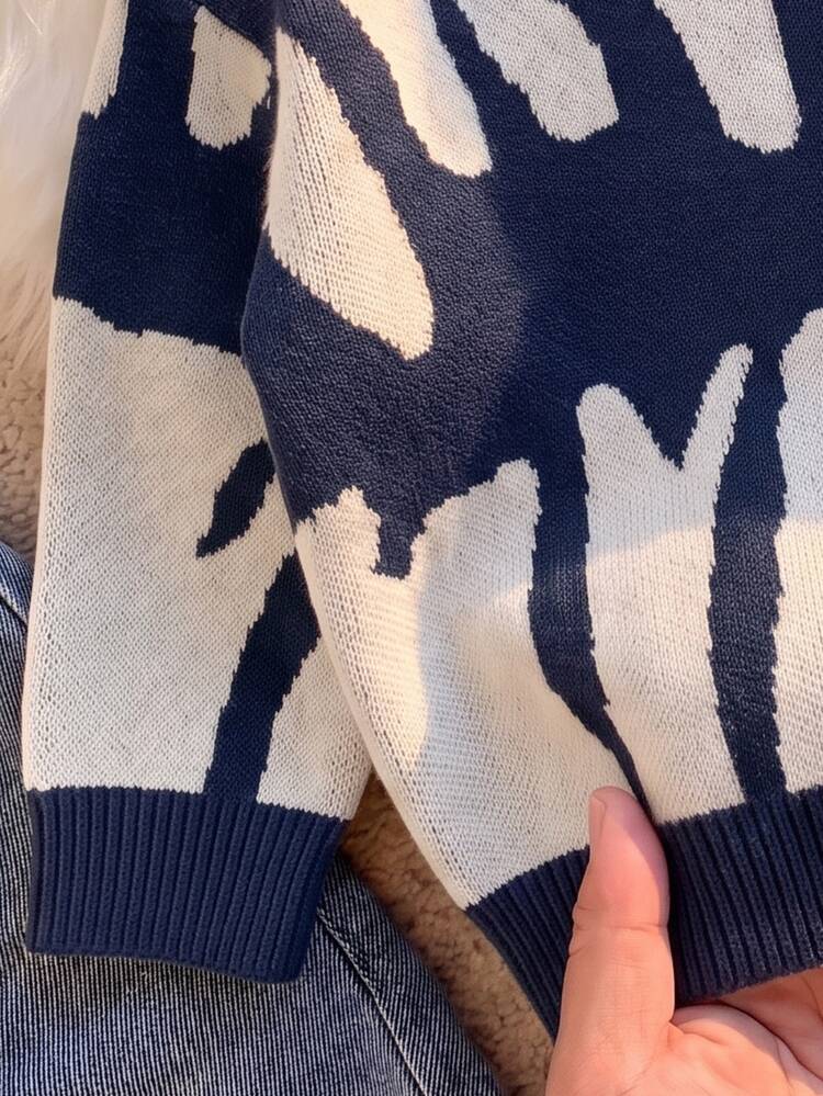 SHEIN Baby Boys Autumn/Winter Casual Minimalist Letter Pattern Jacquard Knit Sweater Long Sleeve Shirt - Navy Blue - View 7