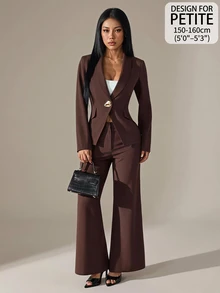 SHEIN PETITE طقم جاكيت بأكمام طويلة وأزرار معدنية وبنطال فضفاض للنساء - بني - مشاهدة 9
