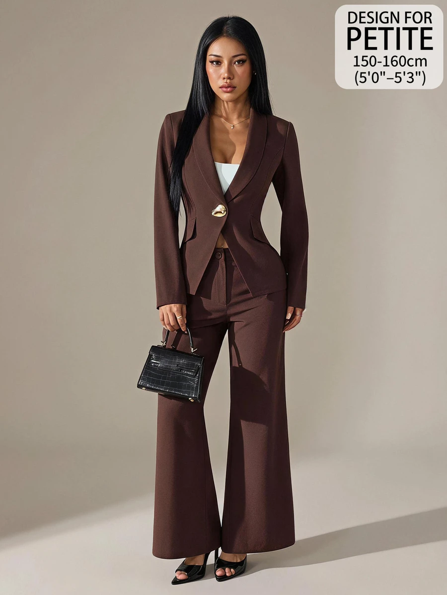 SHEIN PETITE Women's Metal Button Long Sleeve Jacket And Loose Pants Suit Set - Brown - View 1