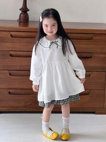 DAZY Tween Girl) Plaid Decor Patchwork Bowknot Long Sleeve Puff Sleeve Cute Sweet Dress - White - View 4