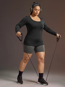 Powerista Women's Plus Size Backless Long Sleeve Square Neck Fitted Sports T-Shirt Suitable For Running, Workout, Exercise, Yoga - Black - View 5