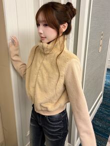 FRIFUL Women's Solid Color Long Sleeve Patchwork Fur Trim Zipper Front Jacket - White - View 8