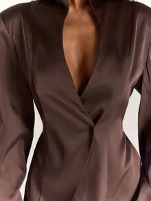 SHEIN BAE طقم نسائي أنيق من بليزر بلون موحد وأكمام طويلة مع تنورة دانتيل - بني - مشاهدة 8