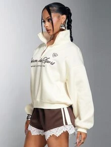 Denimoi Embroidered Verbiage Sweatshirt Fashion High Neck Quarter Zip Sweatshirts Casual Lounge - Apricot - View 4