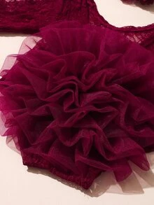 SHEIN Newborn Baby Girl Lace Tutu Romper Cute Gender Neutral Burgundy Red Flower Ruffle Tulle Long Sleeve V-Back Wedding Baby Shower Dress Autumn - Burgundy - View 5