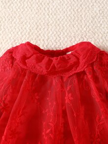 SHEIN 2件組新生女嬰公主芭蕾舞裙套裝，甜美紅色蕾絲花卉長袖圓領常規款派對秋季假日洋裝，附荷葉邊刺繡帽子 - 紅色 - 查看 5
