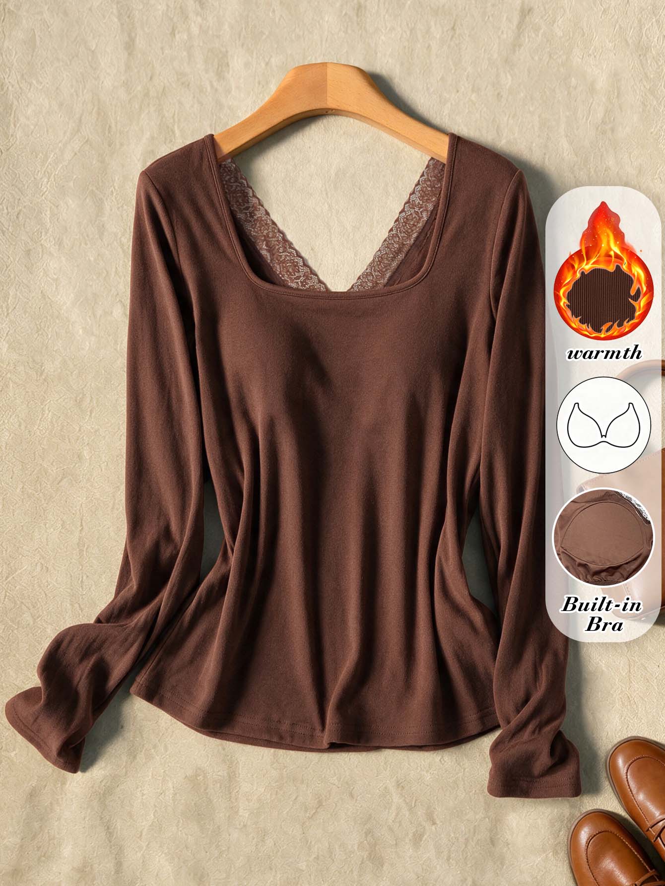 Rusticease Middle-Aged Women's Contrast Lace Long Sleeve T-Shirt With Padded Chest - Brown - View 1