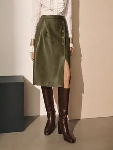 MOTF PREMIUM Rok Kulit Wanita Elegan untuk Komuter, Motif Kancing, Musim Gugur/Dingin - Olive Green - View 5