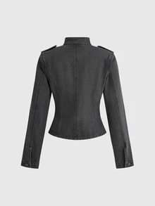 ROMWE Grunge Punk Street Punk New Chinese Style Frog Button Design Slim Fit Small Stand Collar Long Sleeve Women's Denim Jacket - Grey - View 2