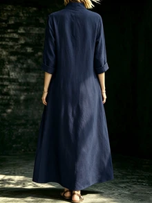 Linhara CURVE Women's Plus Size Autumn/Winter Navy Blue Stand Collar Frog Button Pure Cotton Long Dress - Navy Blue - View 2