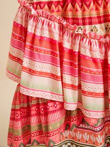 LOTSLUV Women's Autumn Elegant Commute Outfit, Colorful Striped Contrast Patchwork Multi-Layer Ruffle Hem, Silhouette Print Skirt - Multicolor - View 8