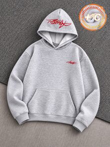 SHEIN 1件青少年男孩秋冬保暖內裡加厚連帽衛衣，極簡高街小印花圖案套頭針織衛衣，舒適面料，獨特版型，秋冬新款，適合多種場合 - 灰色 - 查看 1