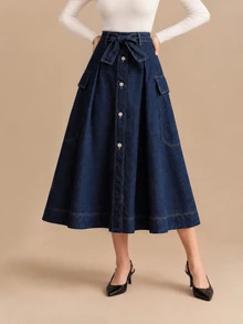 CielaLinda Women's Bow Button A-Line Denim Skirt, Flared Denim Midi Skirt, High-Waisted Jean Skirt - Blue - View 1