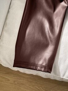 SHEIN Tween女孩秋冬棕色純色PU皮革短款休閒夾克，酷街頭風運動騎行拉鍊外套，黑色百搭開學外套 - 棕色 - 查看 5