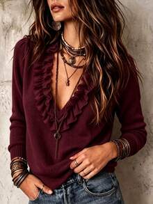 LUMIGAL Sweater Wanita Lengan Panjang Leher V dengan Motif Patchwork dan Hiasan Rumbai - Burgundy - View 3