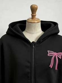 SHEIN Sparklyn 青少年女孩秋冬純色時尚蝴蝶結運動衫外套，舒適抓絨面料，時尚袖子設計，青春活力甜美女孩風 - 黑色 - 查看 4
