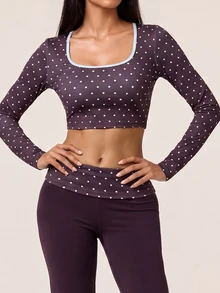 SHEIN BAE Women's Polka Dot Long Sleeve Sports T-Shirt And Tank Top - Coffee Brown - View 4