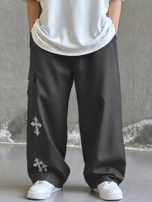 SHEIN Little Byeori 兒童青少年男孩休閒日常舒適工裝直筒寬鬆長褲，灰色工裝褲，新年，六七歲，適合外出、約會、上學，春夏秋冬四季皆宜 - 灰色 - 查看 3