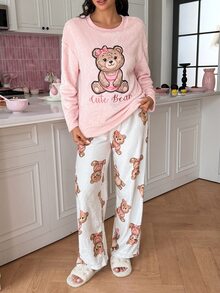 SweetSlumber Women's Letter Cartoon Print Long Sleeve Top And Pants Casual Daily Home Sleepwear Set - Multicolor - View 3