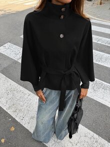 Aloruh Minimalist Commuter Brown Small Stand Collar Cape Trench Coat, Cinched Waist, Long Sleeve, Short Length Women's Jacket - Black - View 3