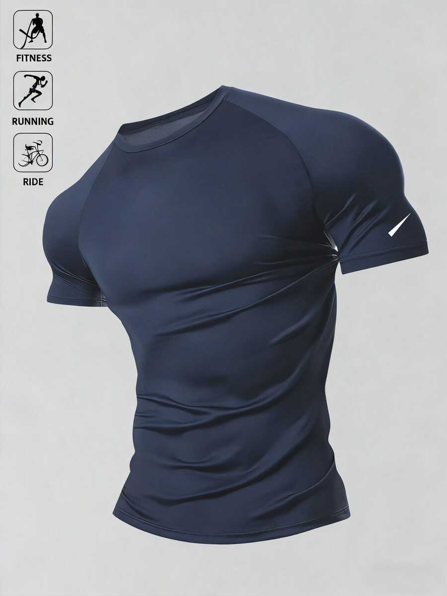 Coreblaze Men's Stretchy Fashion Logo Sports T-Shirt, Holiday Gift, Gym - Navy Blue - View 1