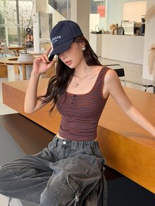 K-Vae American Retro Striped Fitted Square Neck Tank Top - Brown - View 6