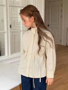 Hapijoa Girls' Stand Collar Long Sleeve Autumn Tie Waist Basic Jacket Shirt (Large) - Beige - View 6