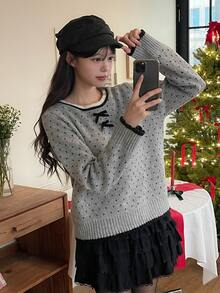 DAZY 女款秋冬拼色波點寬鬆毛衣 - 灰色 - 查看 2