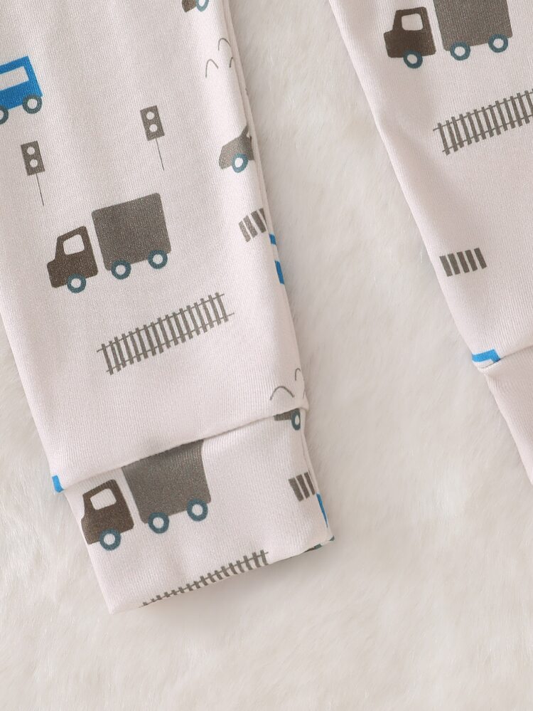 [3 Sets Randomly Sent 1 Set]Young Boys Pajamas Cartoon Transportation Print Long Sleeve Long Pants Knitted Snug Fit Sleepwear Loungewear Set - Apricot - View 8