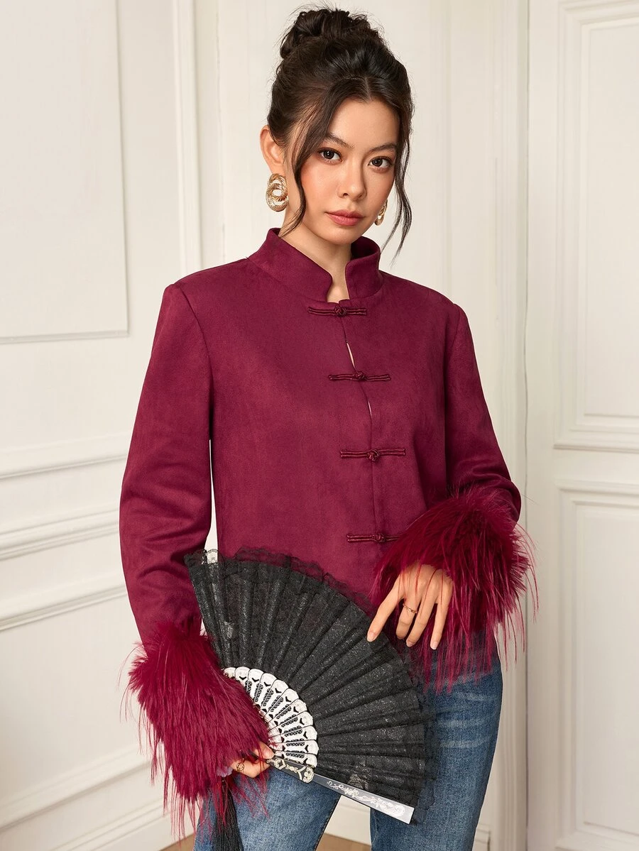 EastFlair Women's Fashion Regular Jacket With Frog Button Front And Faux Fur Cuffs - Rose Red - View 1