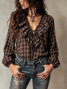 SHEIN PariChic INS French Style Ruffle Trim Plaid Shirt For Women - Coffee Brown - View 3