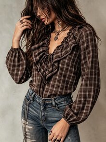 SHEIN PariChic INS French Style Ruffle Trim Plaid Shirt For Women - Coffee Brown - View 5