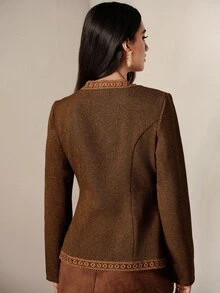 BELROSIE Women's Autumn/Winter Brown Round Neck Lace Trim Waist-Cinching Blazer - Brown - View 7