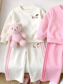 Baby Girls Cartoon Dog Embroidered Sweatshirt & Wide Leg Pants Set, Pink Stripe Detail (1 Set) Fall Winter - Multicolor - View 5