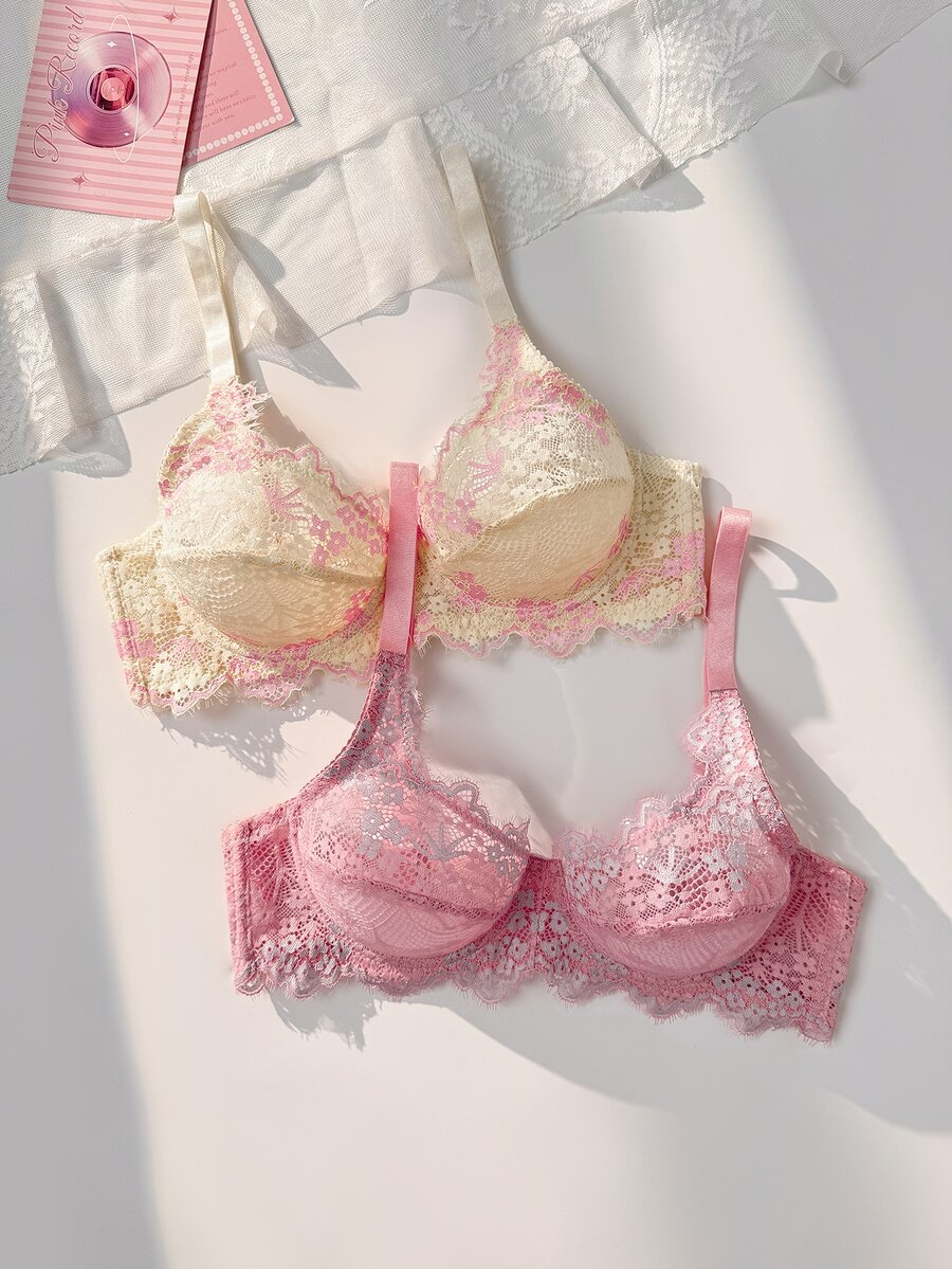 PetitDoll 2pcs Colorful Cute Floral Lace Fashionable Comfortable Women's Underwire Bra - Multicolor - View 1
