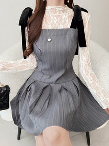 FRIFUL Women's Autumn Colorblock Spaghetti Strap Tie Bow Pleated Short Dress - Grey - View 4
