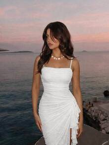 SHEIN MOD Women's Pleated Patchwork Ruffle Elegant Spaghetti Strap Midi Dress - White - View 1