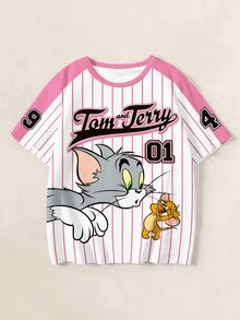 TOM & JERRY X SHEIN Tween Girl Letter Cartoon Print Casual Daily Short Sleeve T-Shirt - White - View 1