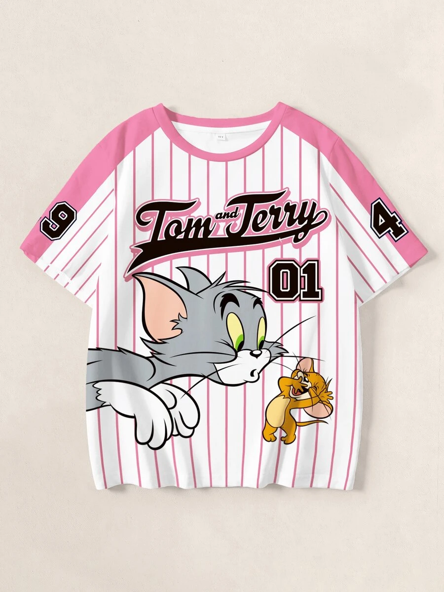 TOM & JERRY X SHEIN Tween Girl Letter Cartoon Print Casual Daily Short Sleeve T-Shirt - White - View 1