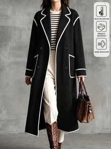 LUMIGAL Women's Autumn/Winter Lapel Neck Long Sleeve Trimmed Casual Overcoat - Black and White - View 9