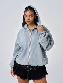 Jeanoix Women's Dropped Shoulder Long Sleeve Zip-Up Hooded Denim Jacket - Blue - View 3