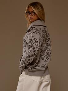MUSERA Bandana Print Zip Through Tall Funnel Neck Knitted Oversized Cardigan Fall Autumn Winter Christmas - Grey - View 4