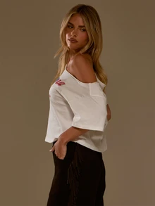 MUSERA White Graphic Print Off Shoulder Top Autumn Fall Winter Coolgirl Women Outfit - White - View 4