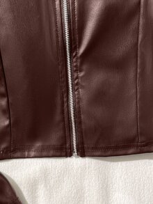 SHEIN Tween女孩秋冬棕色純色PU皮革短款休閒夾克，酷街頭風運動騎行拉鍊外套，黑色百搭開學外套 - 棕色 - 查看 3