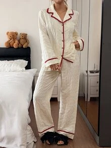 Napfluff Romantic Fresh Contrast Color Machine Embroidered Lace Trim Turn-Down Collar Coconut Button Long Sleeve Long Pants Women's Loungewear Set - Apricot - View 5