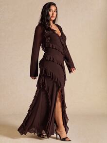 SHEIN BAE Plus Size Women's Split Hem Ruffle Long Sleeve Dress - Chocolate Brown - View 5
