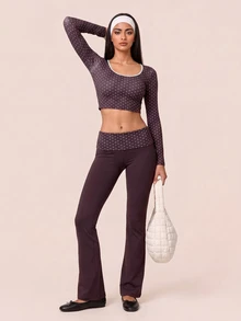 SHEIN BAE Women's Polka Dot Long Sleeve Sports T-Shirt And Tank Top - Coffee Brown - View 6