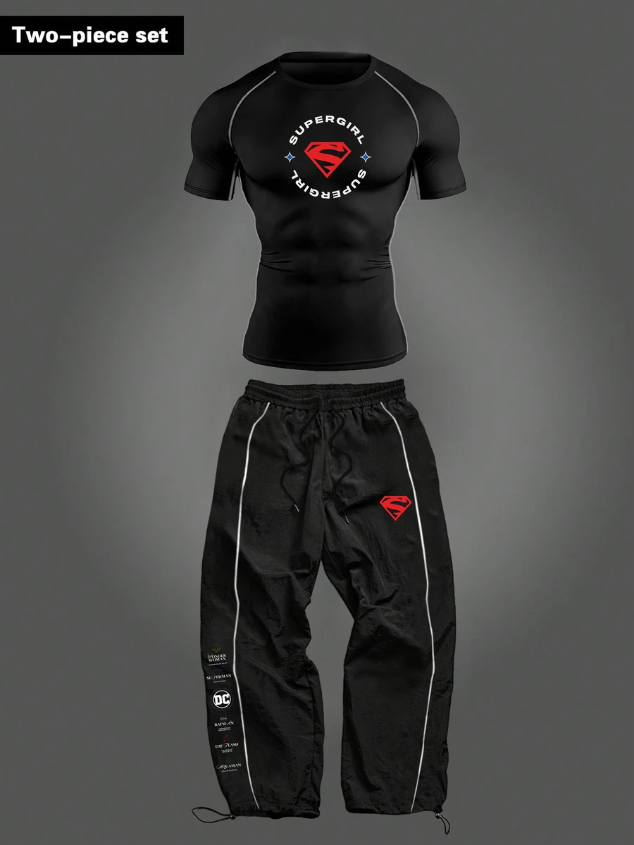 SUPERMAN X SHEIN Men's Letter Print Raglan Short Sleeve T-Shirt And Long Pants Sports Set - Black - View 1