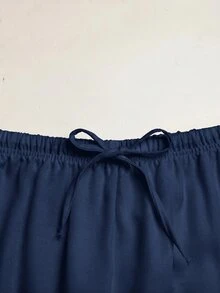 SHEIN Teen Girl Solid Color Drawstring Waist Casual Daily Long Pants - Navy Blue - View 5